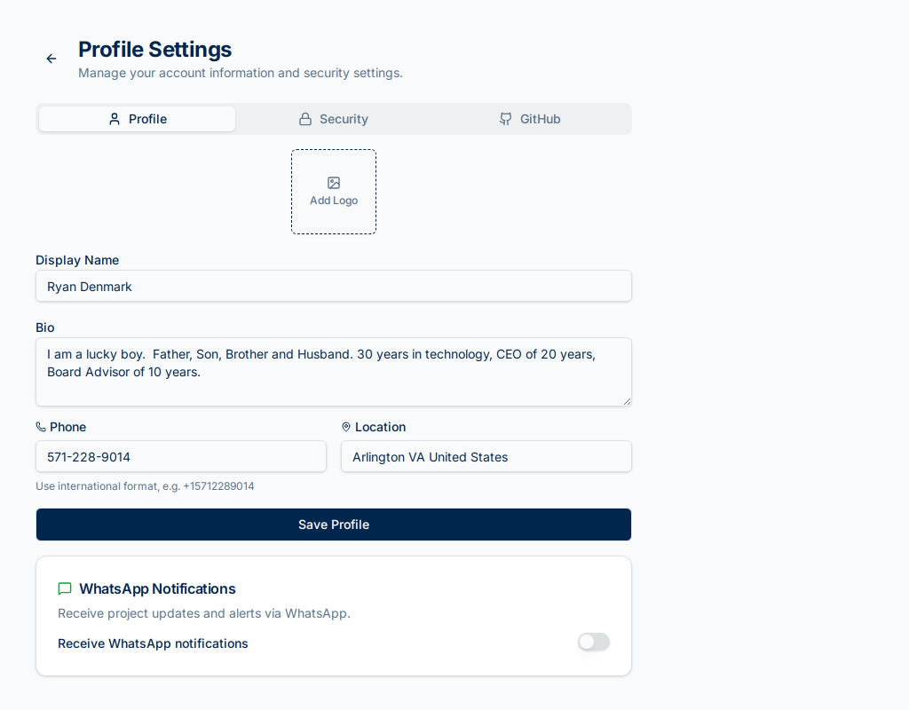 Profile settings page